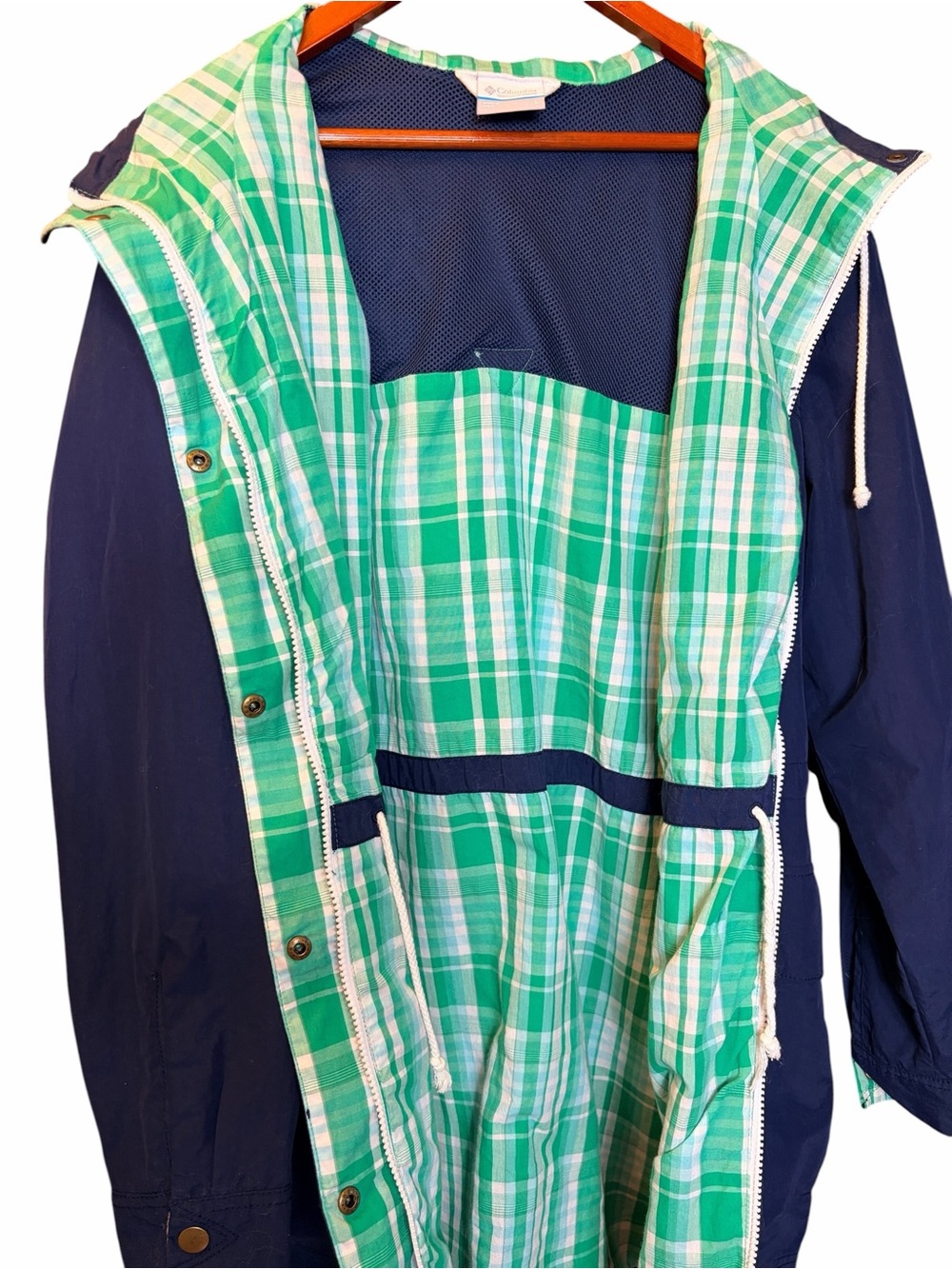 Navy Rain Coat Plaid Heritage Checks Gingham Cotton Lined Hood Pockets Columbia - Picture 14 of 14